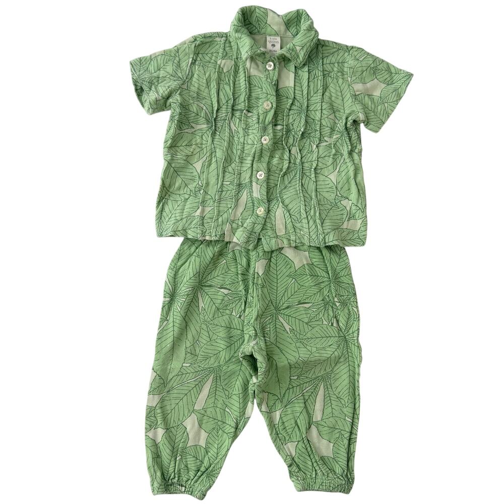 Kate Quinn Green Leaf Button Down Shirt & Pants Outfit Set Size 18-24 Months